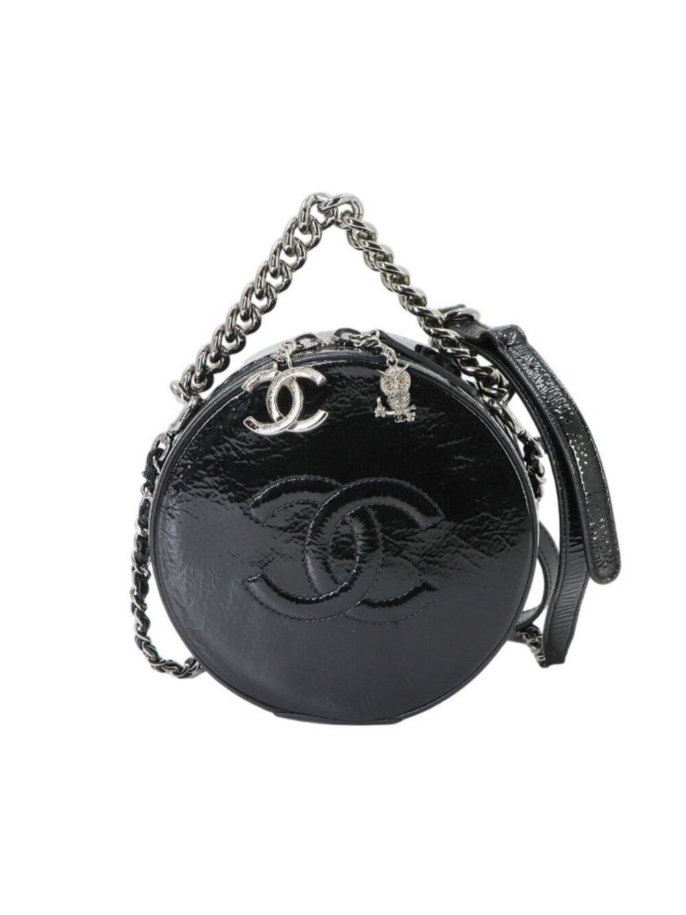 Chanel Round Quilted 2-Way Chain Shoulder Bag Patent Leather Black